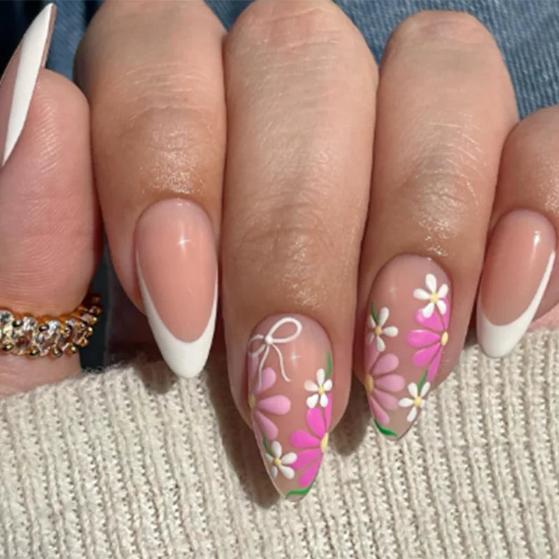 24Pcs Frosted Nude Color False Nails Press on Long Almond Round Head Nails Set with Cute Flowers Design Detachable Fake Nail Tip