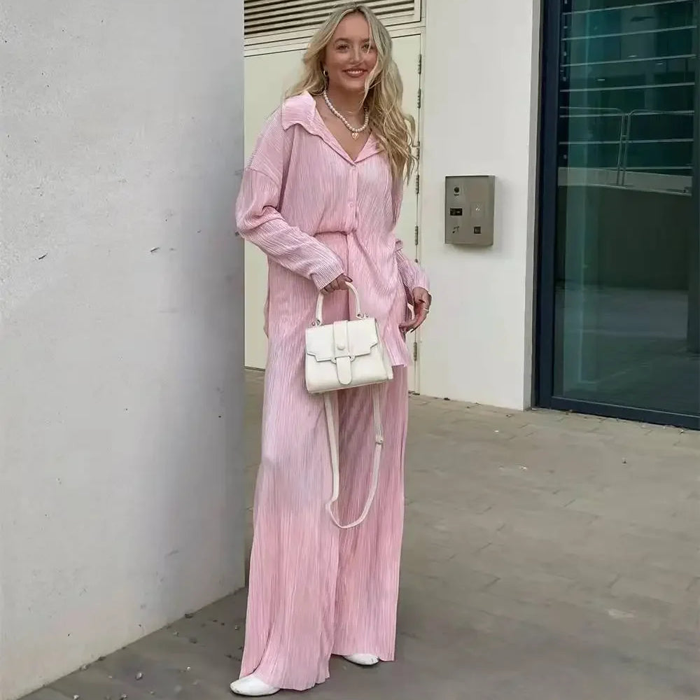 CM.YAYA Pleated Solid Women Set Long Sleeve Shirts and Straight Wide Leg Pants Suits Tracksuit Two Piece Set Fitness Outfits
