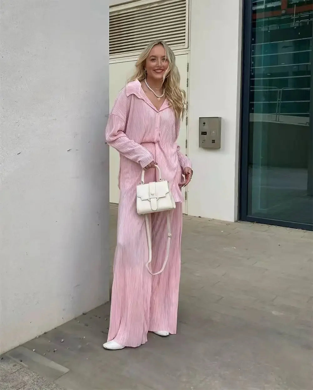 CM.YAYA Pleated Solid Women Set Long Sleeve Shirts and Straight Wide Leg Pants Suits Tracksuit Two Piece Set Fitness Outfits