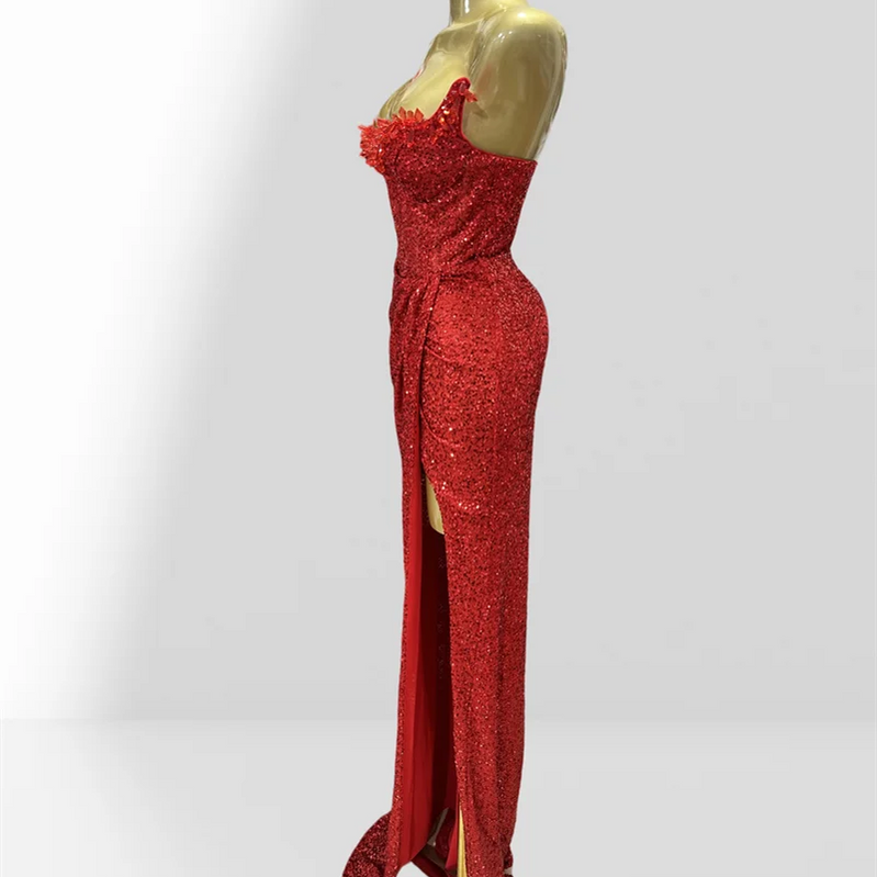 Haute Couture Red Sequins Sexy Off The Shoulder High Split Ankle Lenght Dress Woman Birthday Party Dress Celebrity Patry Outfit