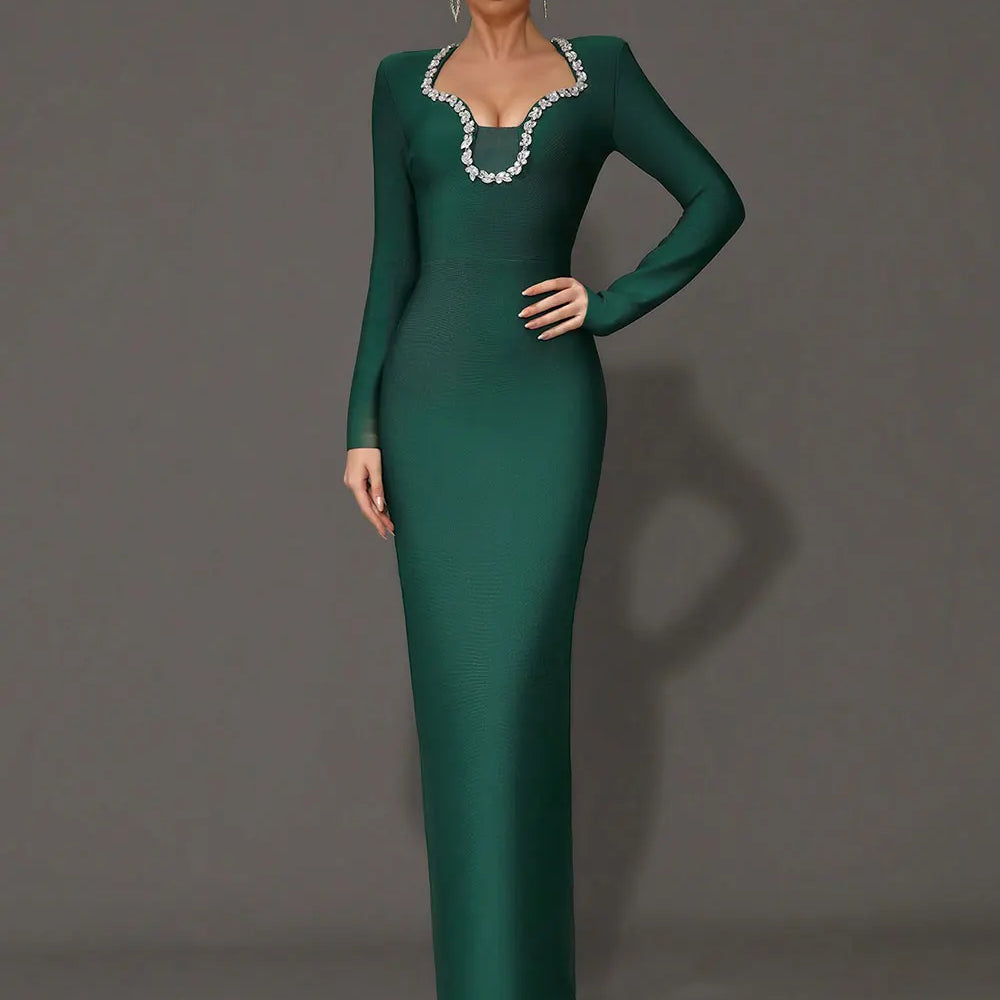 2025 Elegant Women's Light Luxury Nail Diamond Design Bandage Dress U Neck Long Sleeve Bodycon Long Dress Evening Party Vestidos