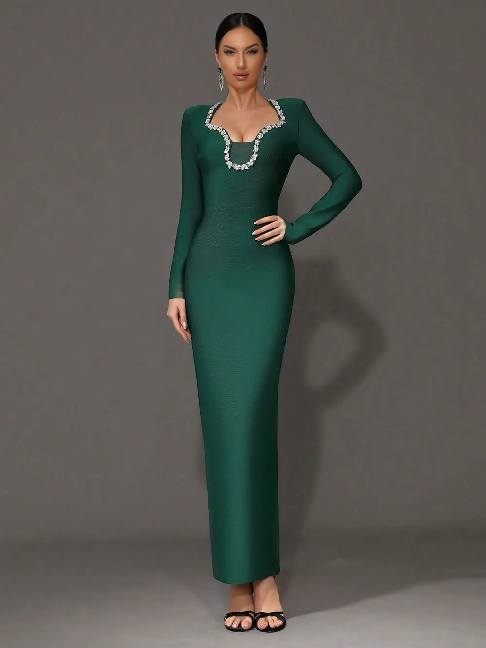 2025 Elegant Women's Light Luxury Nail Diamond Design Bandage Dress U Neck Long Sleeve Bodycon Long Dress Evening Party Vestidos