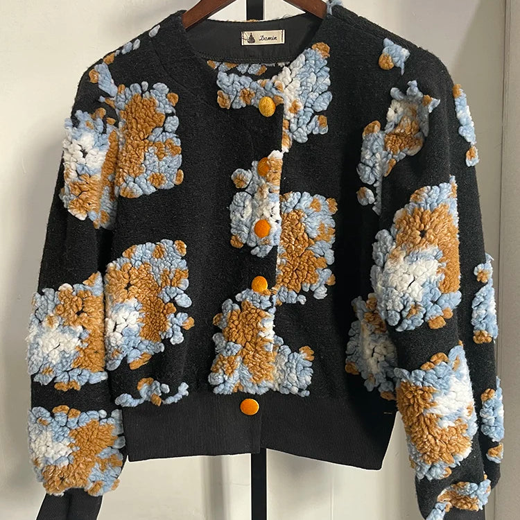 Sweet Long Sleeve Single Breasted Short Jacket Retro Three-dimensional Flower O Neck Clothing Winter 6 Color Coat Black One Size