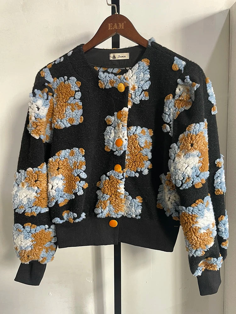 Sweet Long Sleeve Single Breasted Short Jacket Retro Three-dimensional Flower O Neck Clothing Winter 6 Color Coat Black One Size