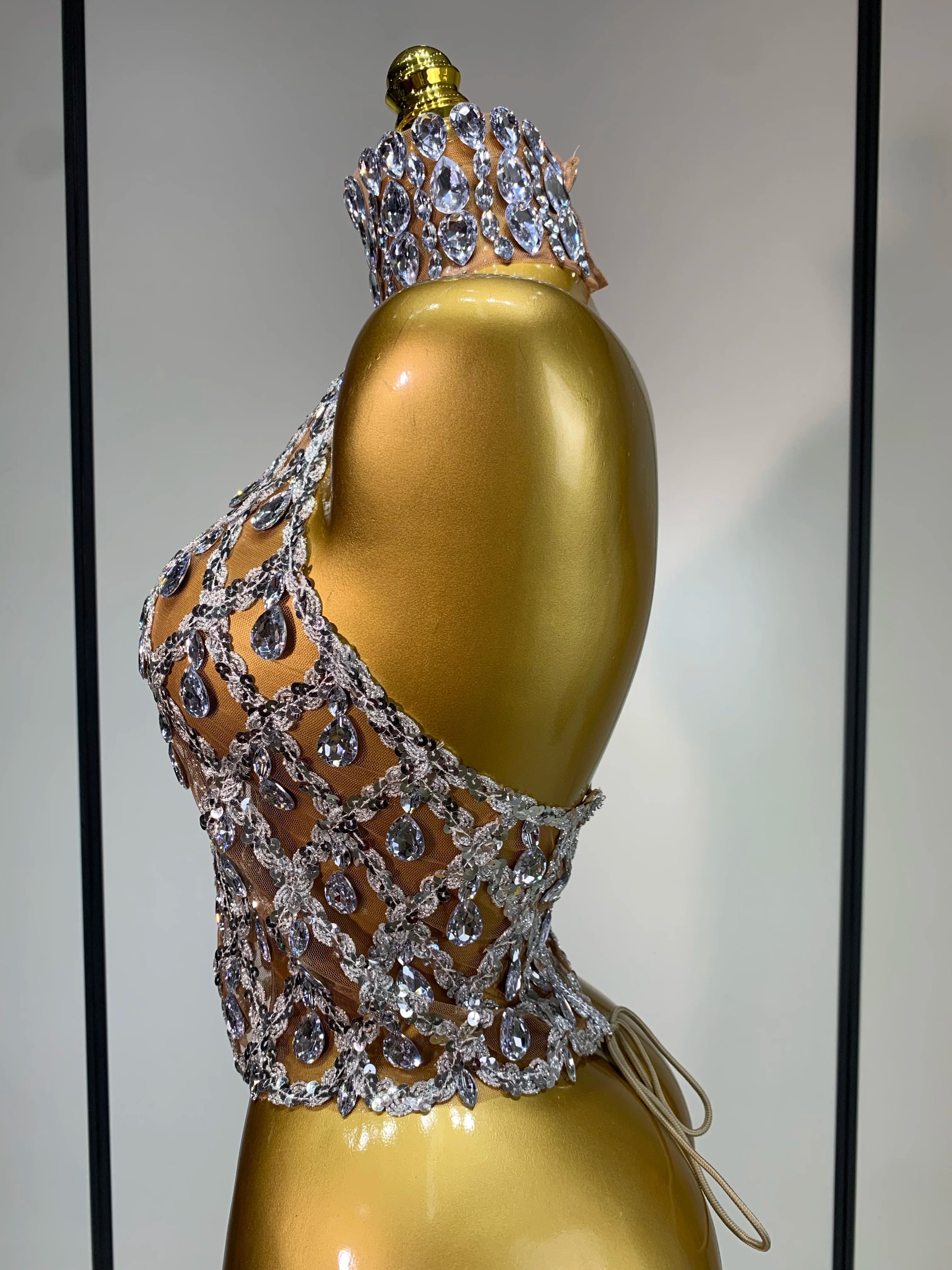 Sparkly Slver Rhinestone Sequins Mesh See Through Top Women Sexy Nightclub Evening Party Backless Spicy Girl Stage Outfit