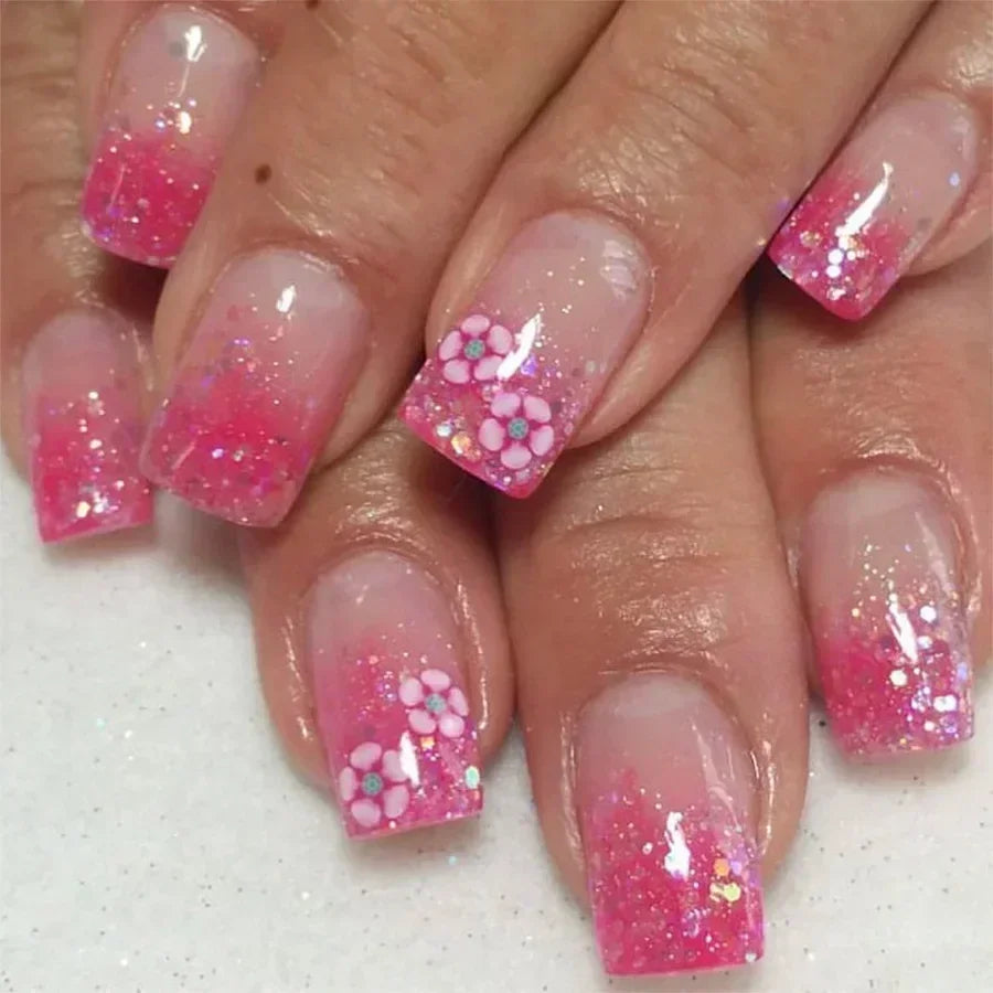 24 peças unhas postiças quadradas curtas médias brilhantes arte de unha branca usável unha postiça prateada francesa cobertura total pressione pontas de unhas