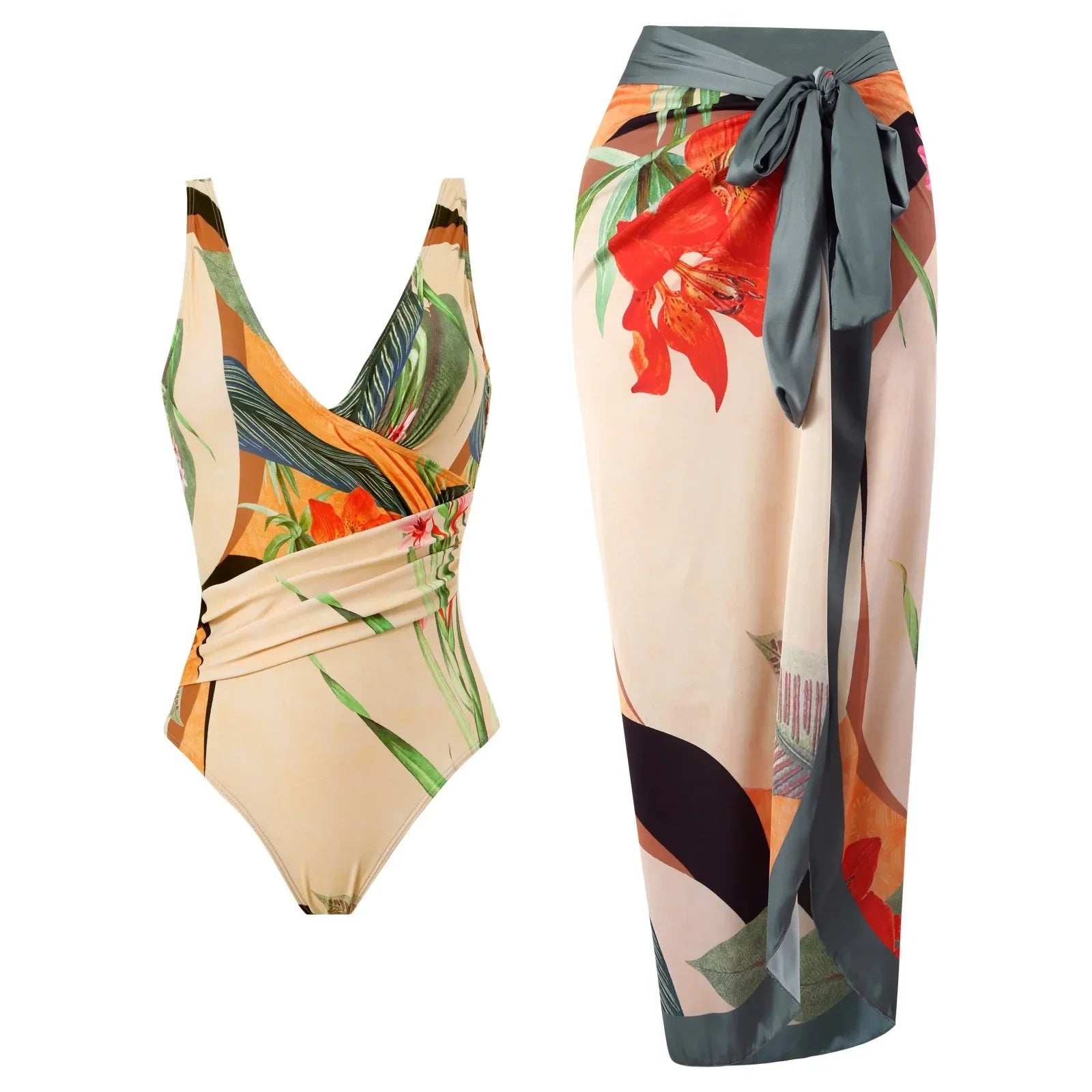 Elegant Blue Leaf Printed One Piece Swimsuit Woman Fashion High Waisted Hanging Neck Swimwear French Covered Belly Bikini B-Suit