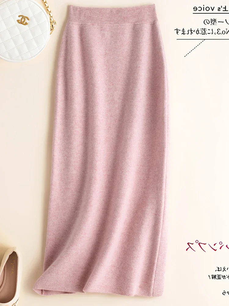 Women's Cashmere Long Knitted Skirts High Waisted Wool Midi Skirt Black Dark Brown Grey Pink Female Bottoms Winter Fashion Y2k Pink