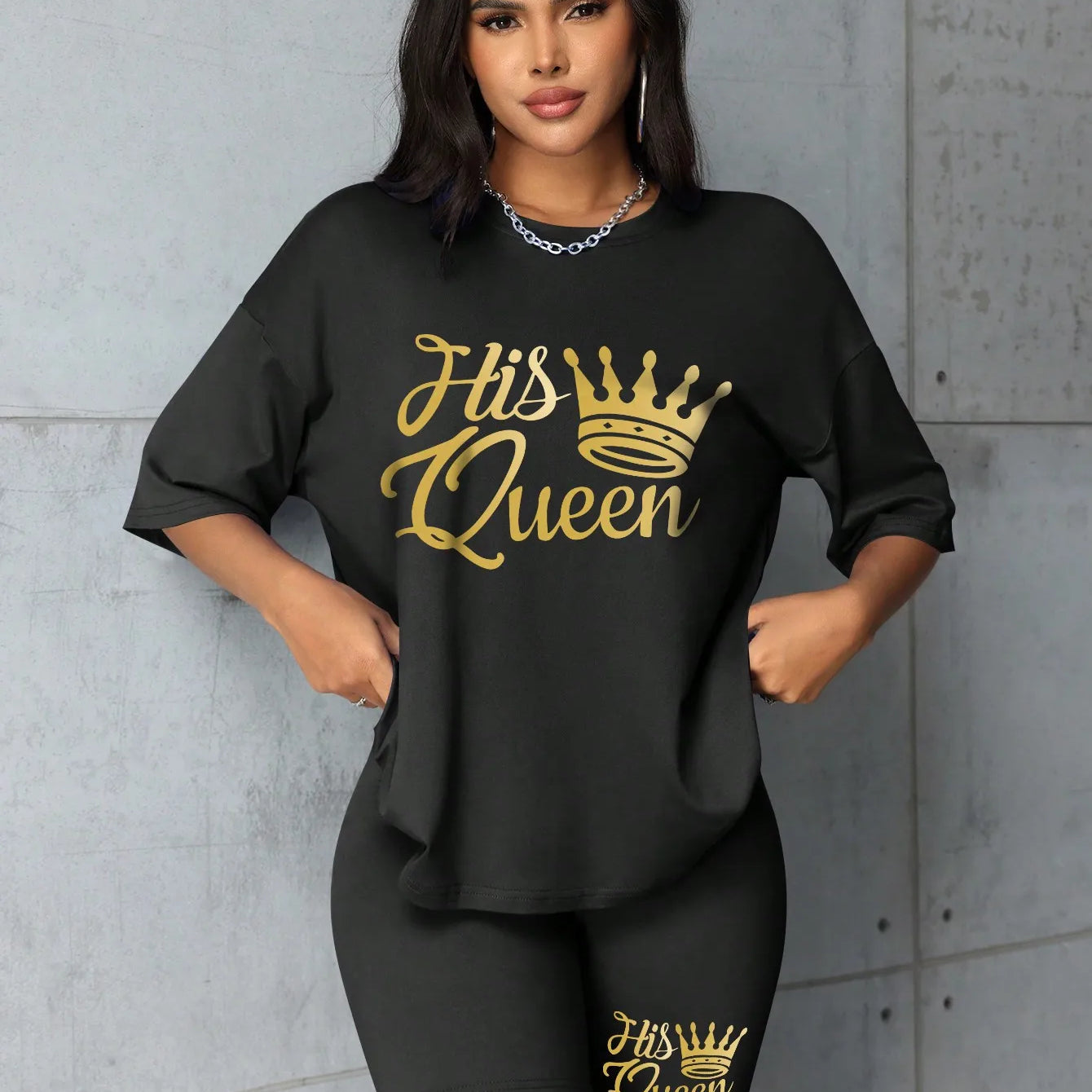 Plus size Women summer clothing Queen printed loose round neck casual black short sleeved T-shirt shorts two-piece set
