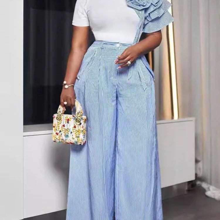 CM.YAYA Street Women's Set Short Sleeve T-shirt and Striped Floral Splicing Romper Wide Leg Pants Elegant Two 2-Piece Set Outfit