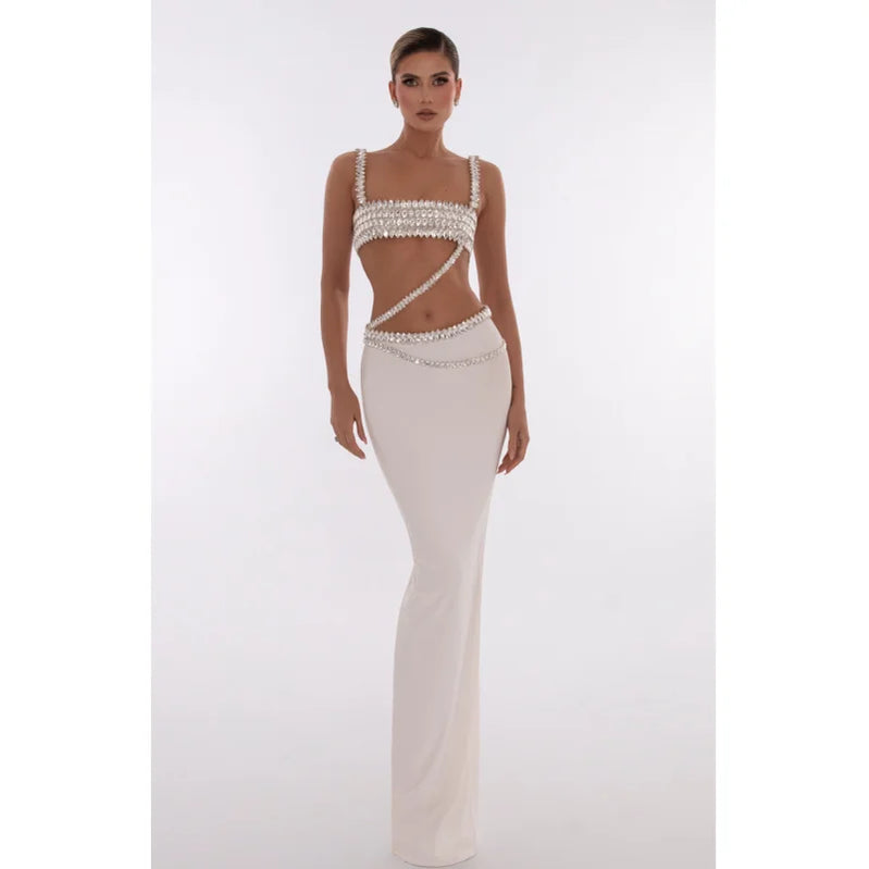 Sparkling Diamonds Woman Set Spaghetti Strap Top And Ankle Lenght Skirt  2 Pieces Evening Party Vestido Beach Vocation Outfit