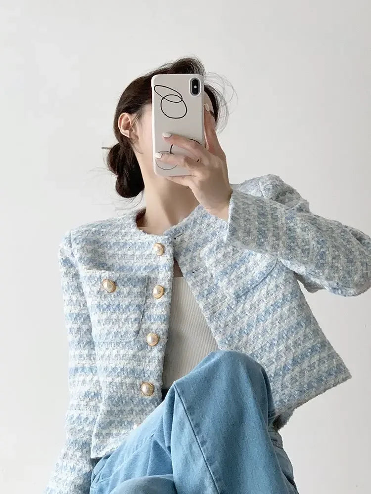 Autumn Winter Women Elegant Tweed Cardigan Short Coat With Pocket Single Breasted Jacket For Women Loose Outwear