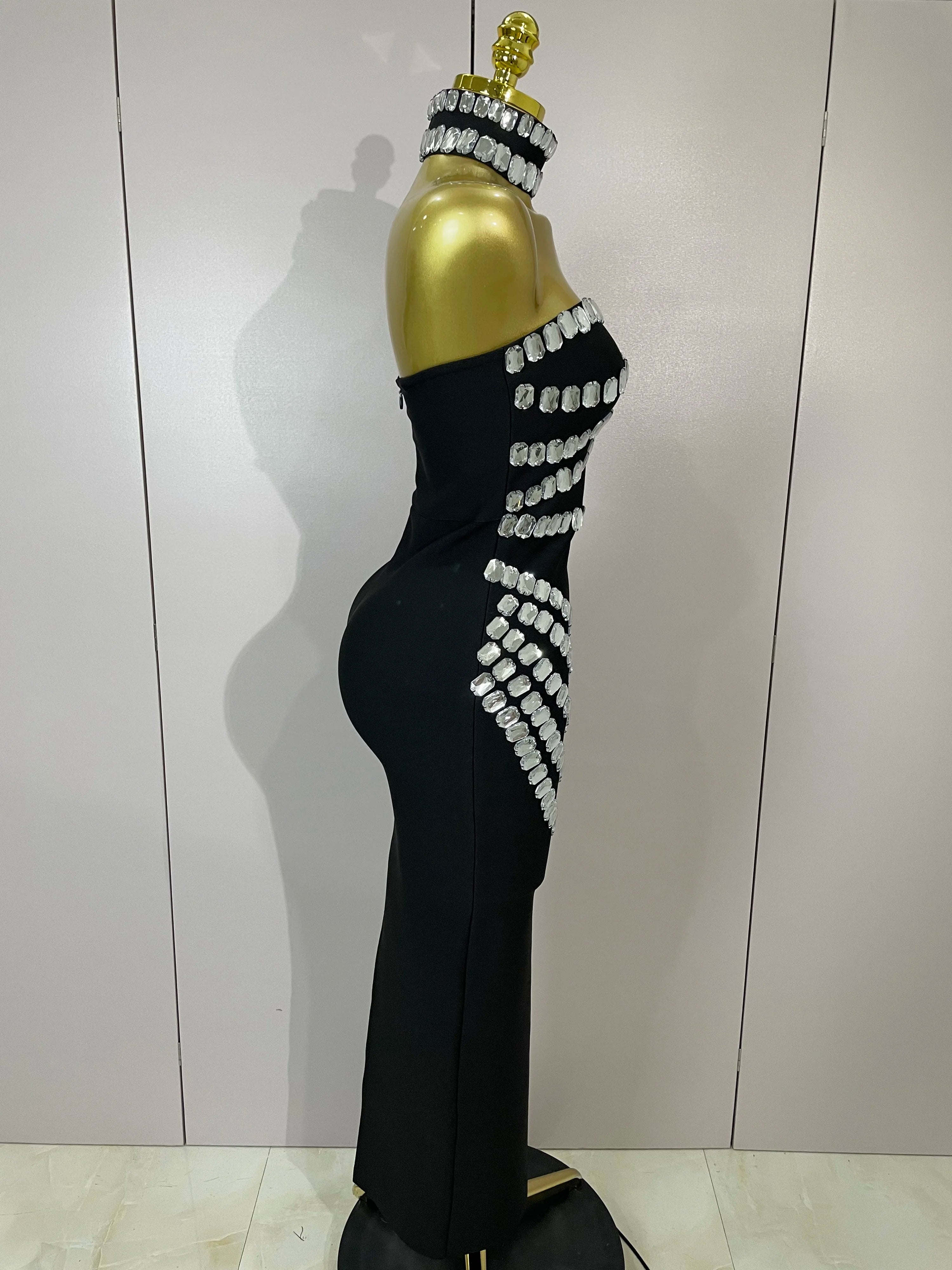 Vestido longo feminino sensual sem costas, sem alças, preto, com contas, bandagem, bodycon, celebridade, elegante, noite, luxo, aniversário, 2025