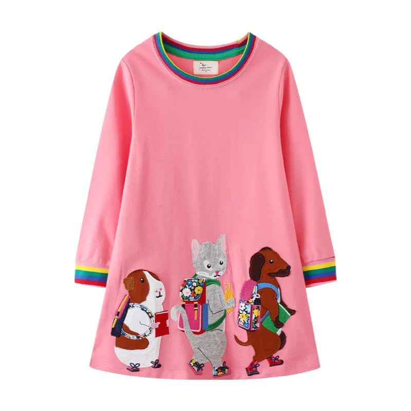 Jumping Meters New Princess Girls Dresses Animals Embroidery Autumn Baby Clothes Long Sleeve Children's Costume Kids Frocks T7818