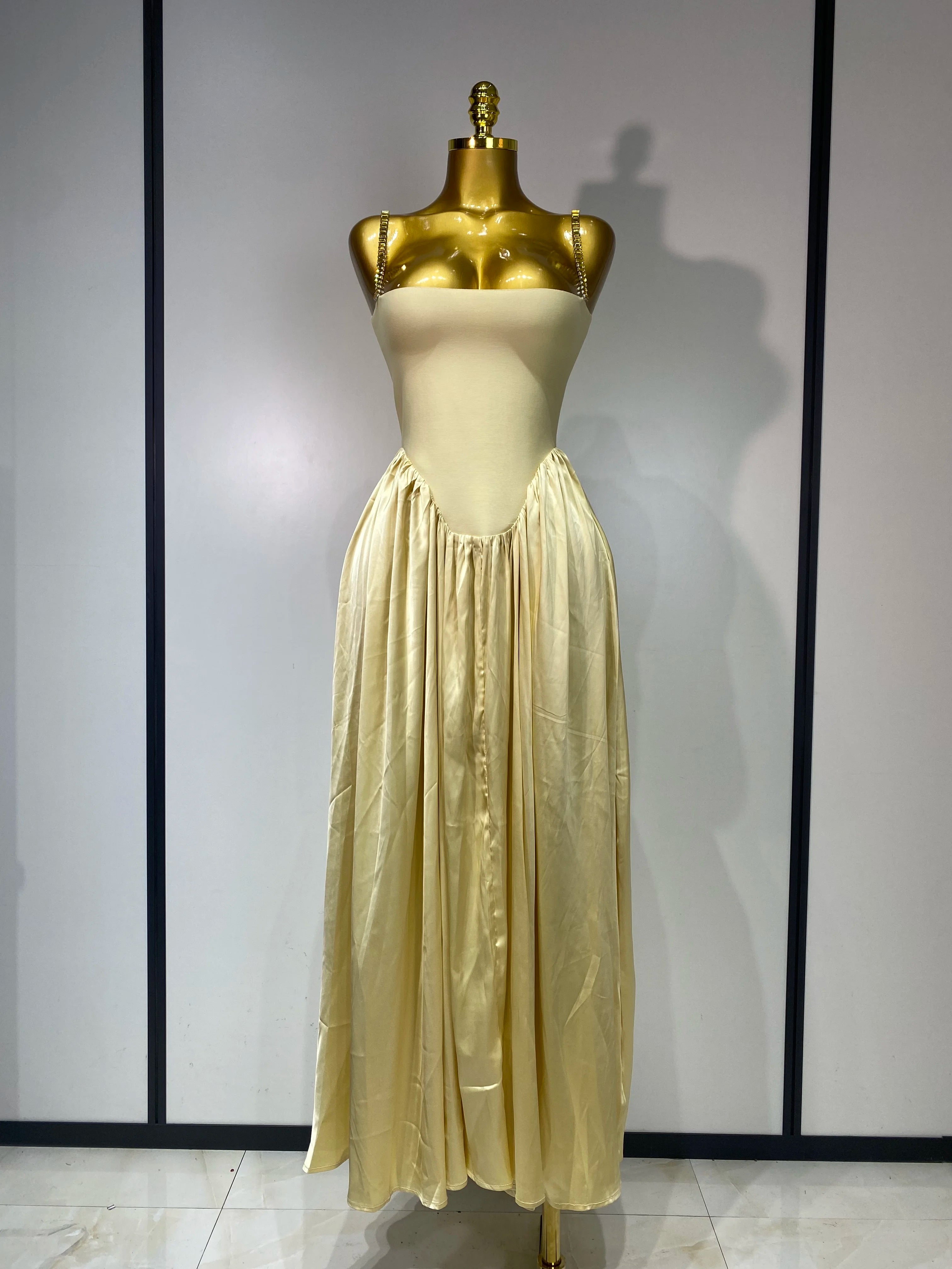 Women Sexy Strap Chain Sleeveless Long Dress Fashion Slimming Hundred Fold Dresses Elegant Evening Party Wedding Guest Gowns