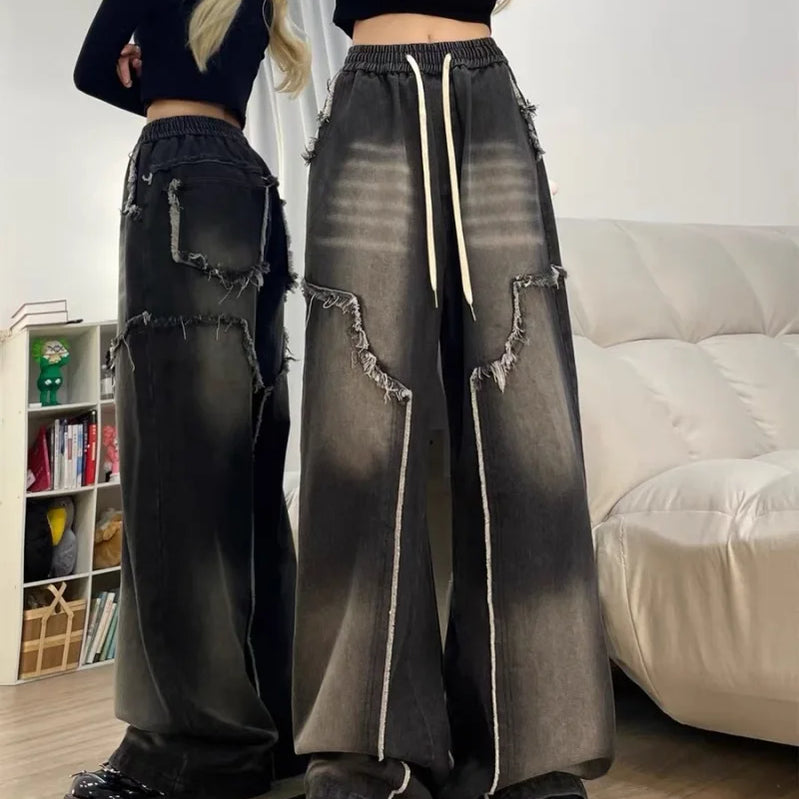 Autumn Winter New Straight Tube Women's Jeans American Retro Baggy Jeans Ladies Black Raw Edge Straight Tube Pants for Women Blue
