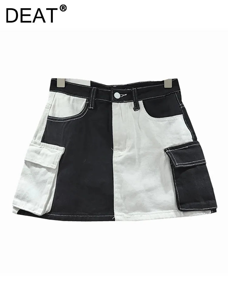 DEAT Women's Denim Skirt Contrast Color Patchwork Big Pockets Wrap Hip A-line Cargo Mini Skirt Summer New Fashion 29L6817