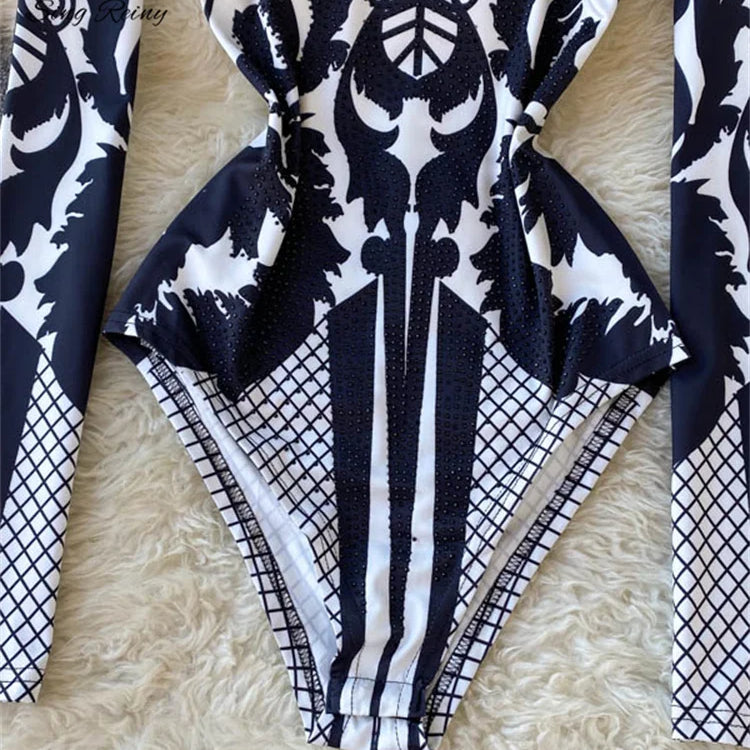 Design Autumn New Print Rompers Women Stand Collar Long Sleeve Slim Jumpsuits Chic Fashion Sexy Bodycon Short Bodysuit