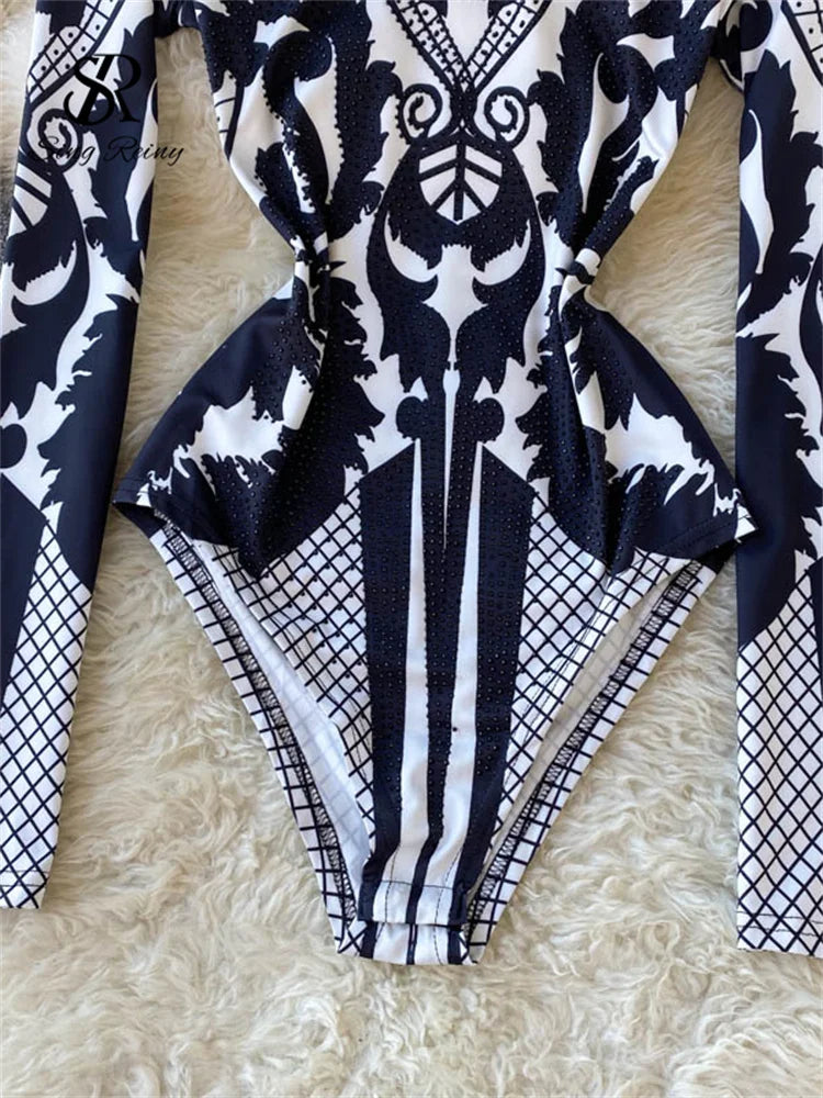 Design Autumn New Print Rompers Women Stand Collar Long Sleeve Slim Jumpsuits Chic Fashion Sexy Bodycon Short Bodysuit