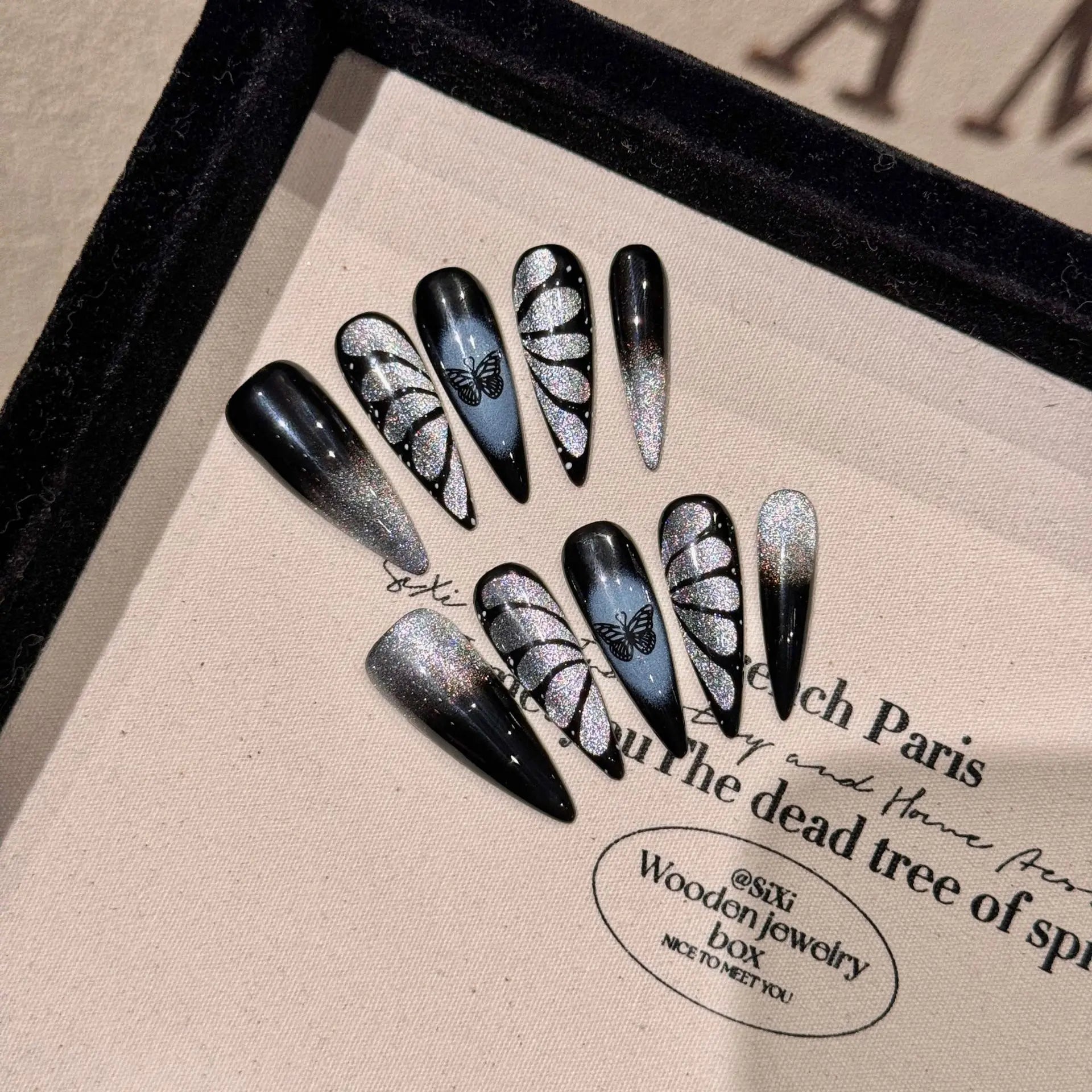 10 peças de pontas de unhas postiças Y2K longas, degradê, metal preto, coração, cruz, decoração, unhas de pressão, manicure DIY, legal e doce