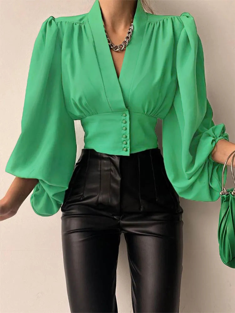 Vintage Blouses for Women Fashion Lantern Long Sleeve Buttons Front Crop Tops Sexy V-neck Shirts French Party Blusas A-Green