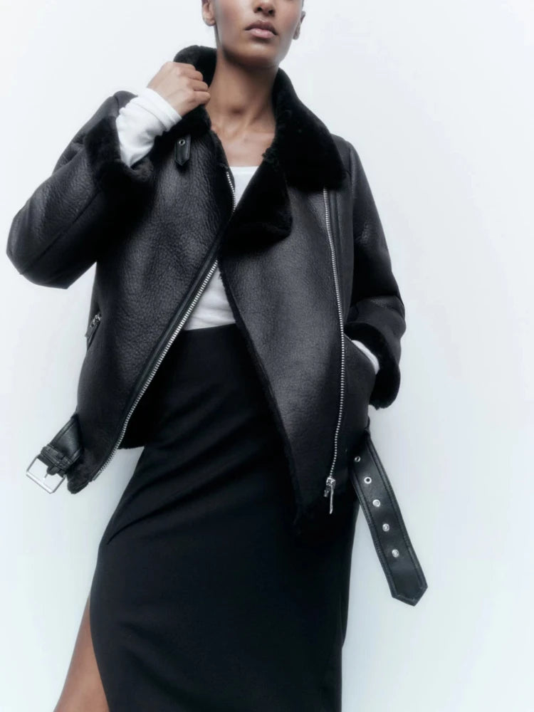 Women Fall Winter New Fur Integrated Thermal Jacket Coat Faux Leather Long-sleeved Lapel Padded Warm Chic Female Outerwear