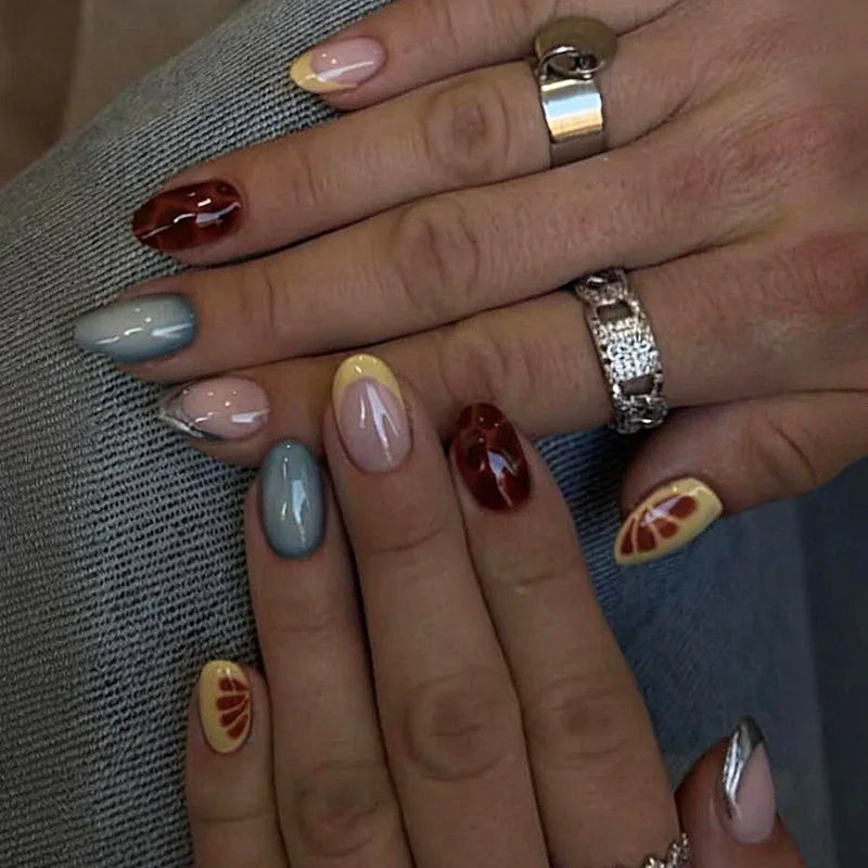 24pcs Leopard Print French Fake Nails Tips Yellow Short Oval False Nail Art Wearable Flower Almond Press on Nails Sets Finished