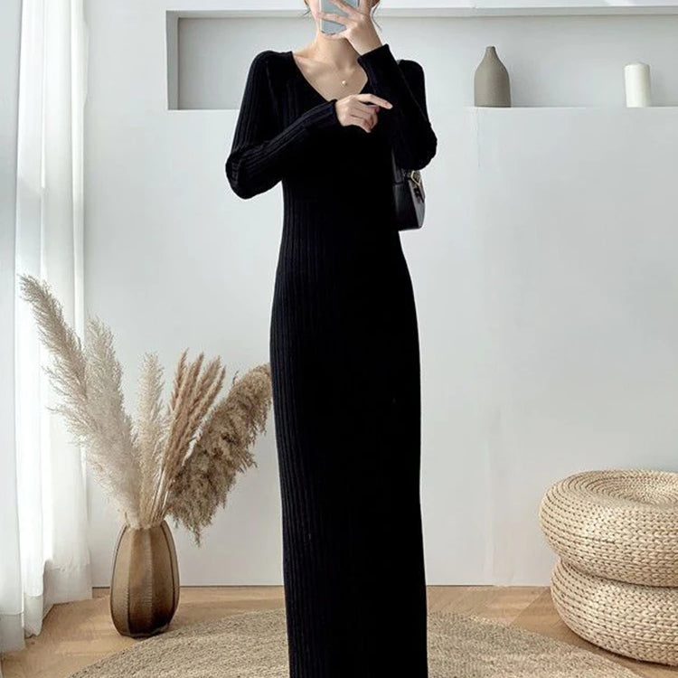 Zoki Elegant Solid Women Knitted Dress Simple Korean Slim Long Sleeve Ankle Length Dress Casual V Neck Office Ladies Chic Dress