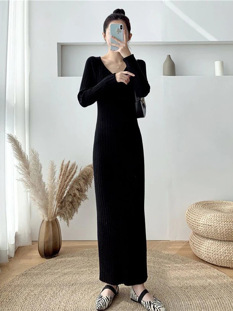 Zoki Elegant Solid Women Knitted Dress Simple Korean Slim Long Sleeve Ankle Length Dress Casual V Neck Office Ladies Chic Dress