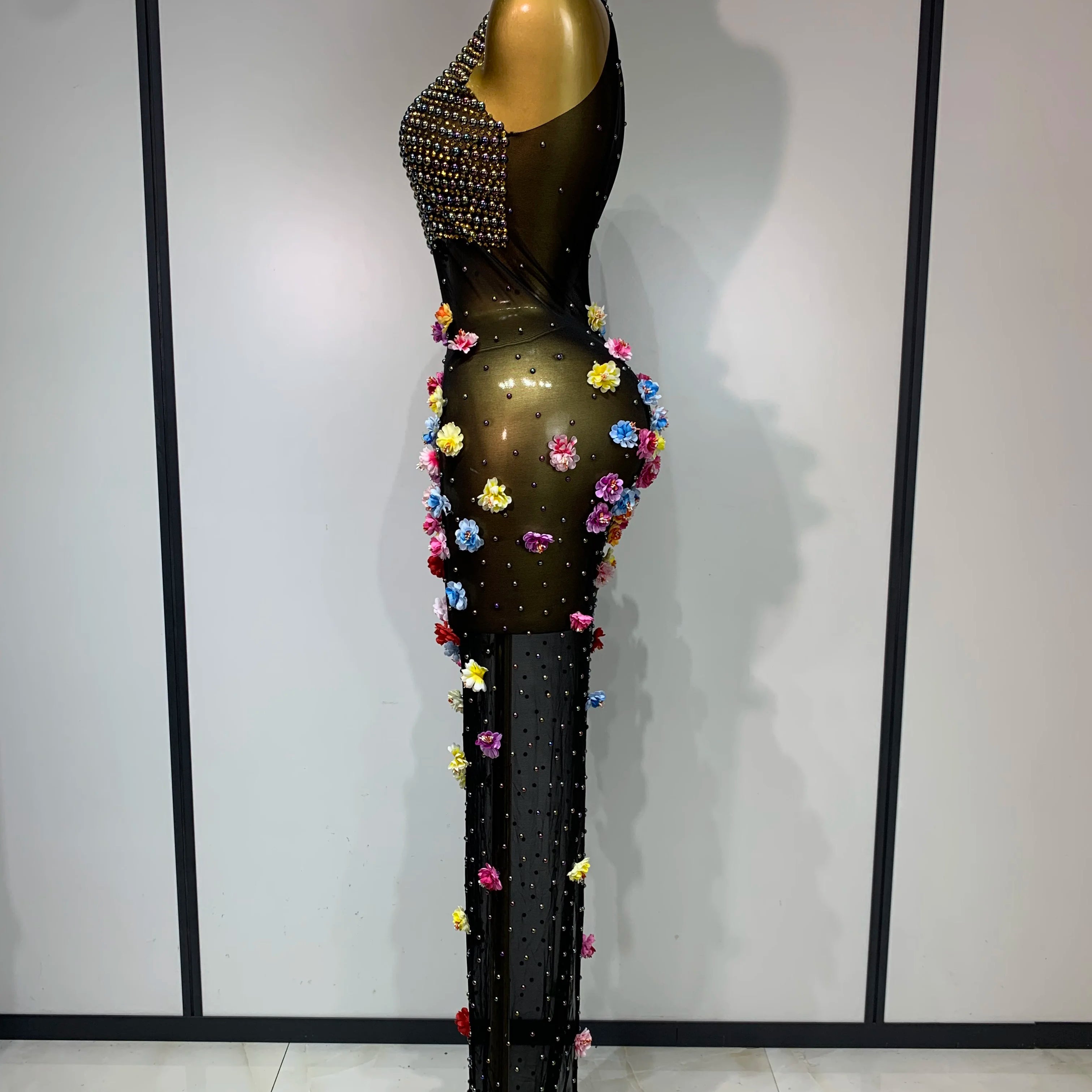 Luxury Rhinestones Flowers Sexy See Through Long Dress 2025 Elegant Evening Party Birthday Wedding Guest Dress Club Stage Outfit