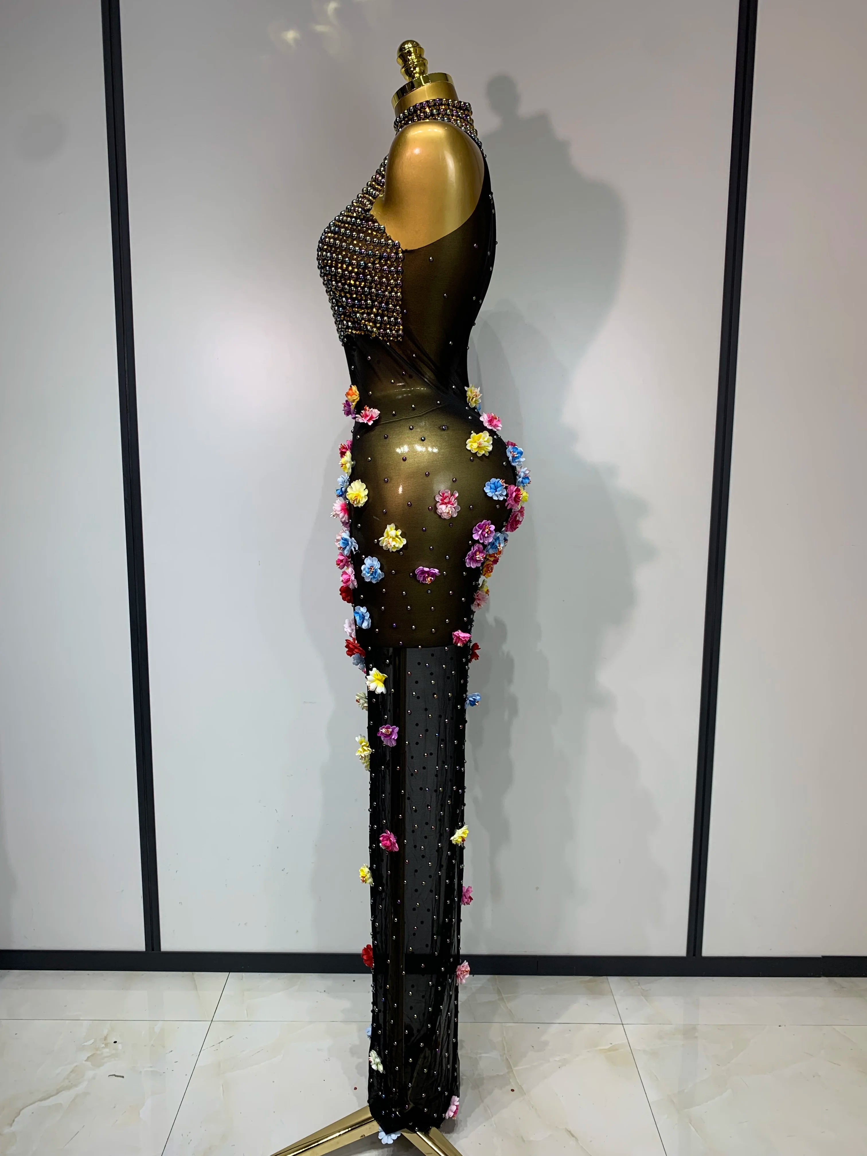 Luxury Rhinestones Flowers Sexy See Through Long Dress 2025 Elegant Evening Party Birthday Wedding Guest Dress Club Stage Outfit