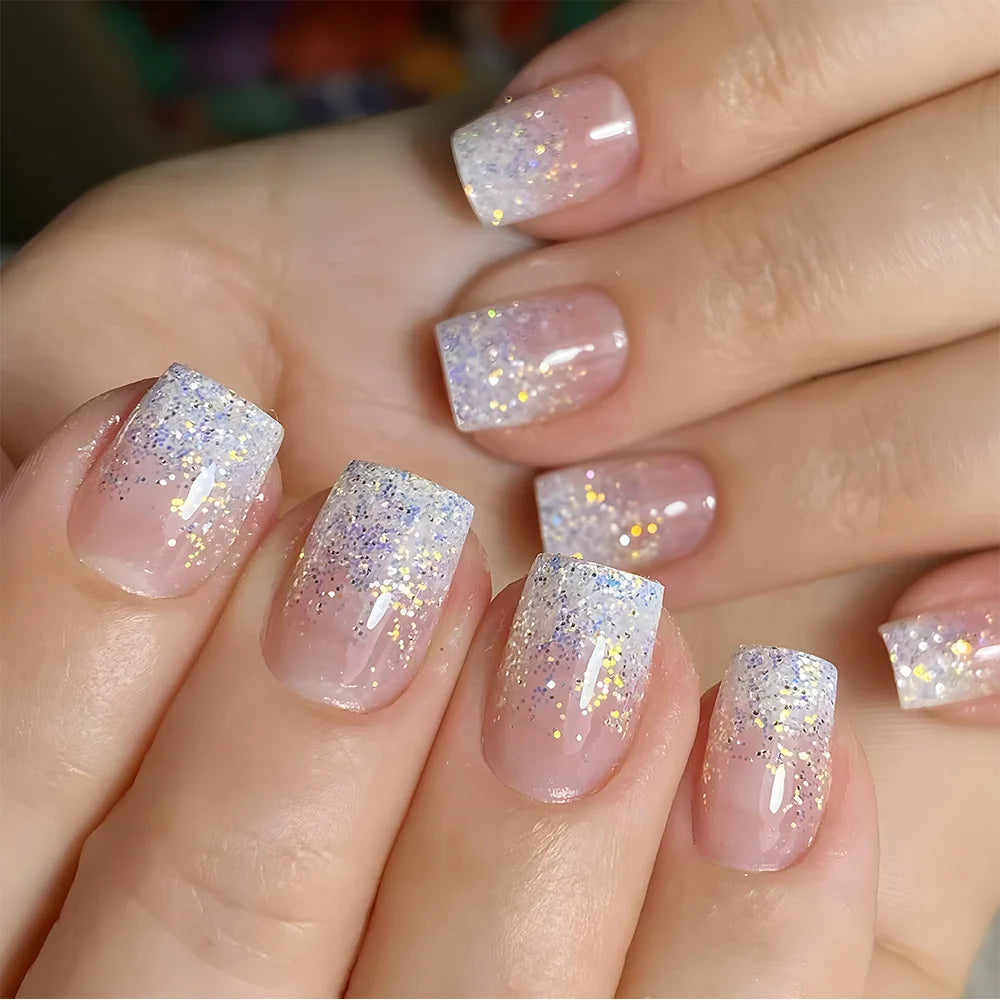 24pcs/set short medium fake nails shinny sparkling glitter square ballet nail tips starry star cat eyes press on false nail art
