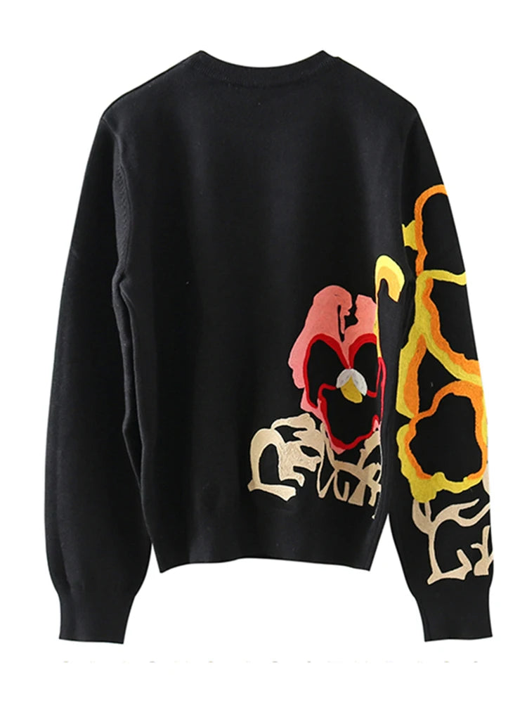 Black Floral Embroidery Pullover Women Boho Long Sleeve O Neck Autumn Winter Jumper Top Loose Knitted Sweaters