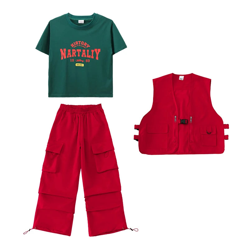Boys Hip Hop Pants Outfits Red Vest Cargo Pants Girls Streetwear Children Joggers Street Dance Kids Jazz Costumes Clothes Sets Pants Set