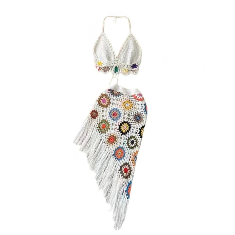 Women 2 Piece Outfit Set Boho Hollow-Out Crochet Knit Halter Bras Top and Asymmetrical Tassel Mini Skirt Beach Cover Up White