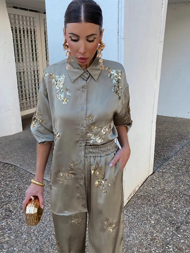Fashion Print Sequin Shirt 2 Piece Sets For Women Loose Lapel Long Sleeves Top Wide Leg Pants Suits Lady Elegant Outfits