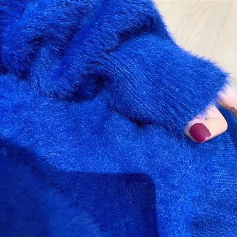 Oversized White Mink Cashmere Knitted Sweaters Loose Fit V-Neck Long Sleeve Women Pullovers Tops New Fashion Autumn Winter 2023