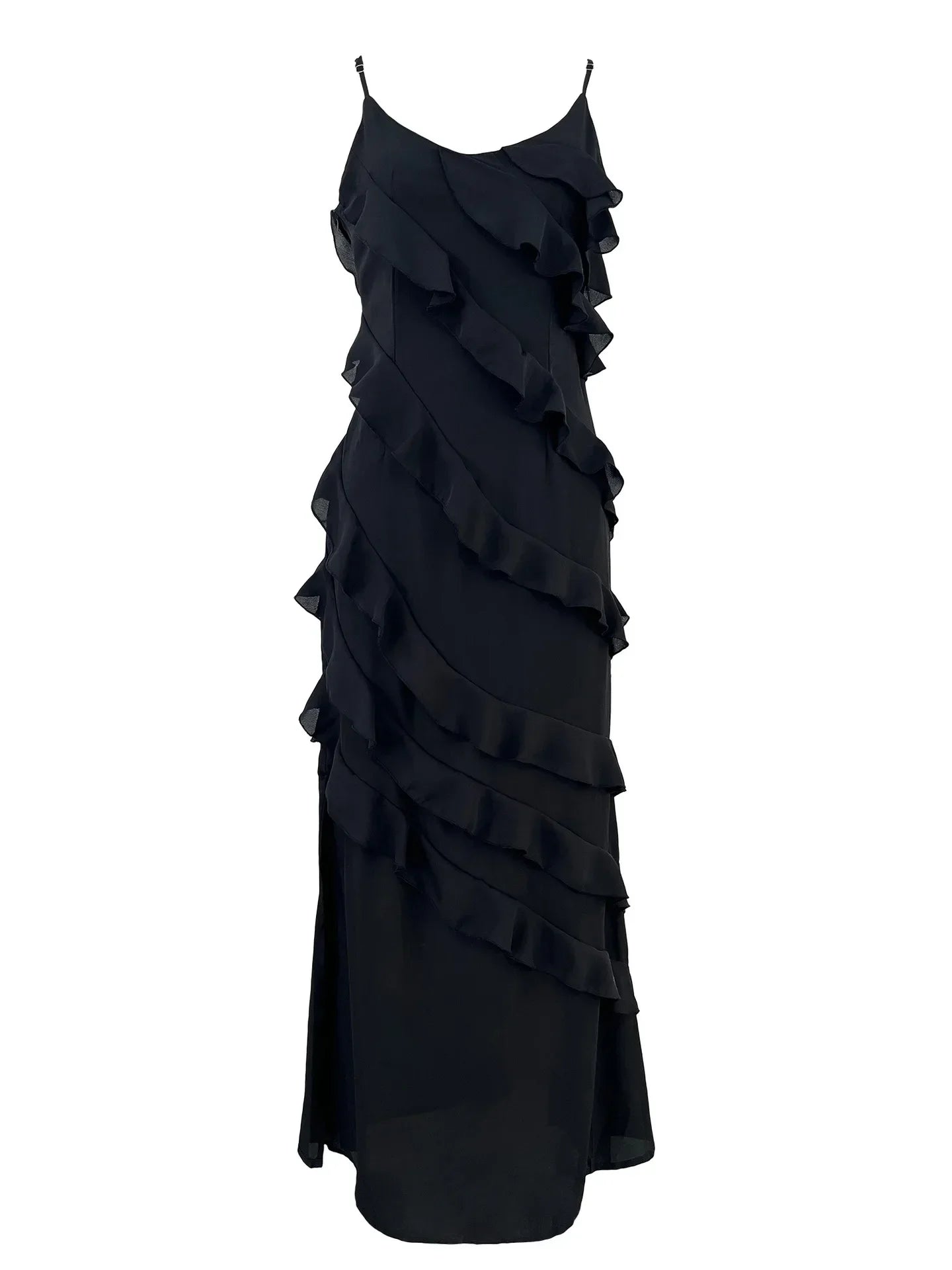 Elegant Red Chiffon Slip Dresses for Women Sexy Spaghetti Strap Backless Lace-up Ruffles Long Maxi Evening Party Prom Dress Black