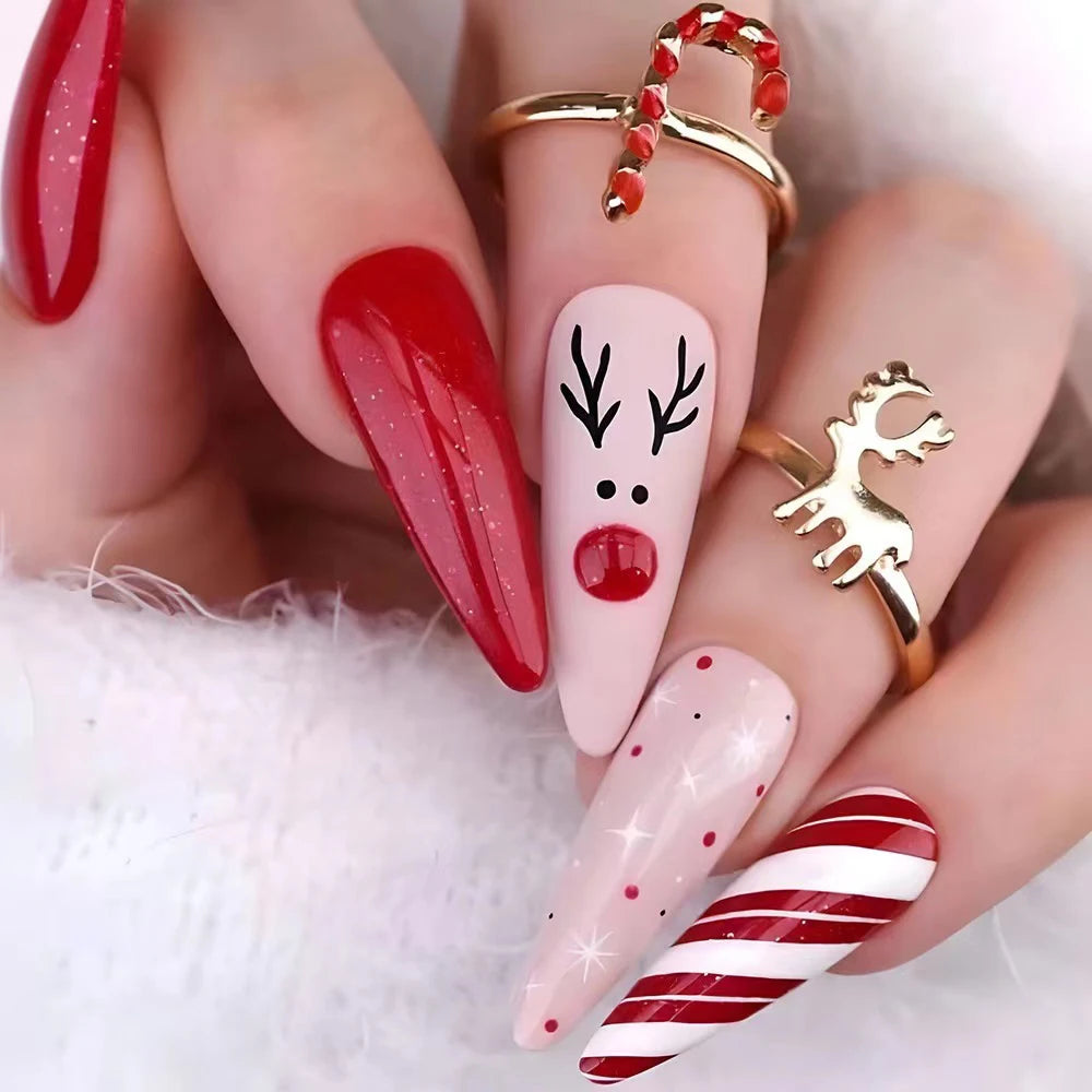 24Pcs/Box Christmas Women Wearable Fake Nails Finished Full Cover Europe America Christmas Collection Short Flat Nails Art Gift 65