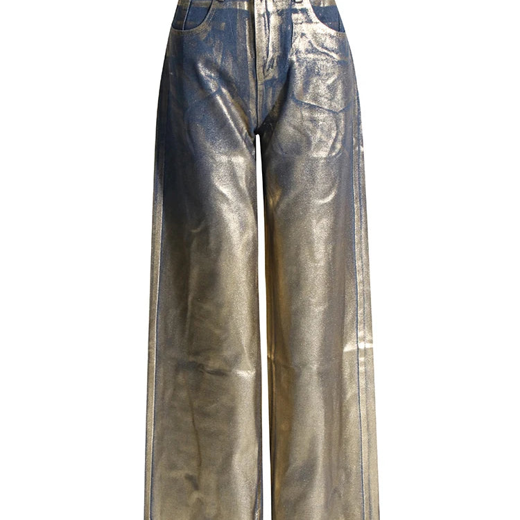 Colorblock Casual Loose Pants For Women High Waist Spliced Button Streetwear Straight Leg Pant Female Fashion