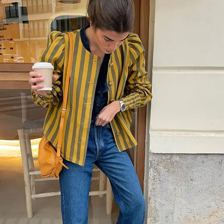 Women Contrasting Stripes Shirt Jacket Elegant Loose O Neck Long Puff Sleeve Thin Coat New Chic Female Artistic Streetwear 2024