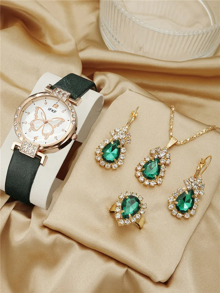 New Korean Fashion Simple Belt Quartz Watch Women's Edition+Jewelry Three Piece Set