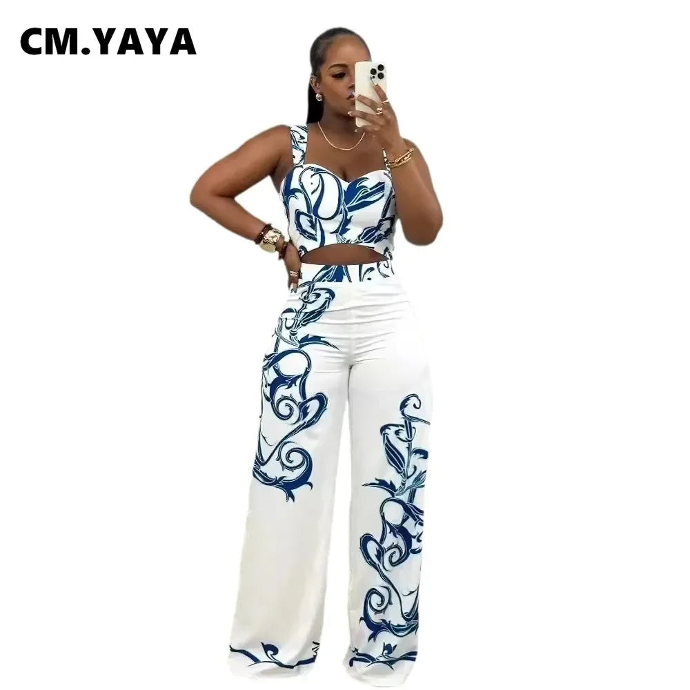 CM.YAYA 2024 Summer Women's Set Sleeveless Strapless Tops +Wide Leg Pants Print Party Street Two 2 Piece Sets Outfits Tracksuit