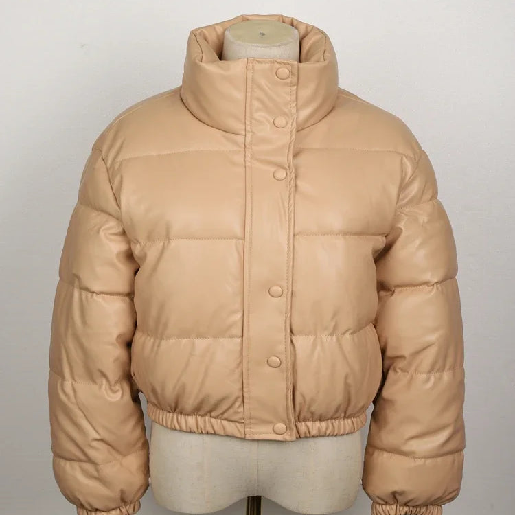 Winter Parka Coat Women's Jacket Thick Warm Women Fashion Black PU Leather Coats Women Elegant Zipper Faux Leather Jackets Tops khaki