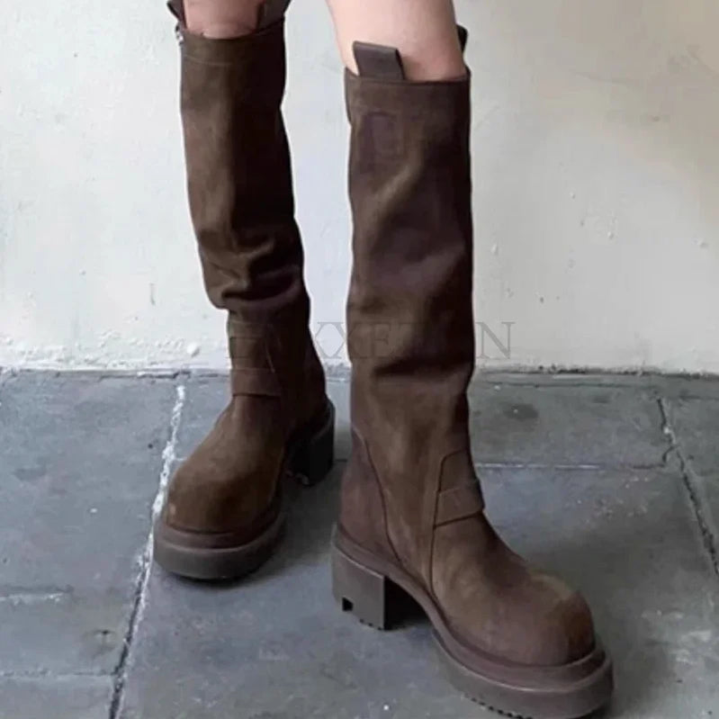 Fashion Women Boots Spring Winter Thick-soled Knee-high Suede Long Comfort Round Toe Botines Mujer Knight Boots