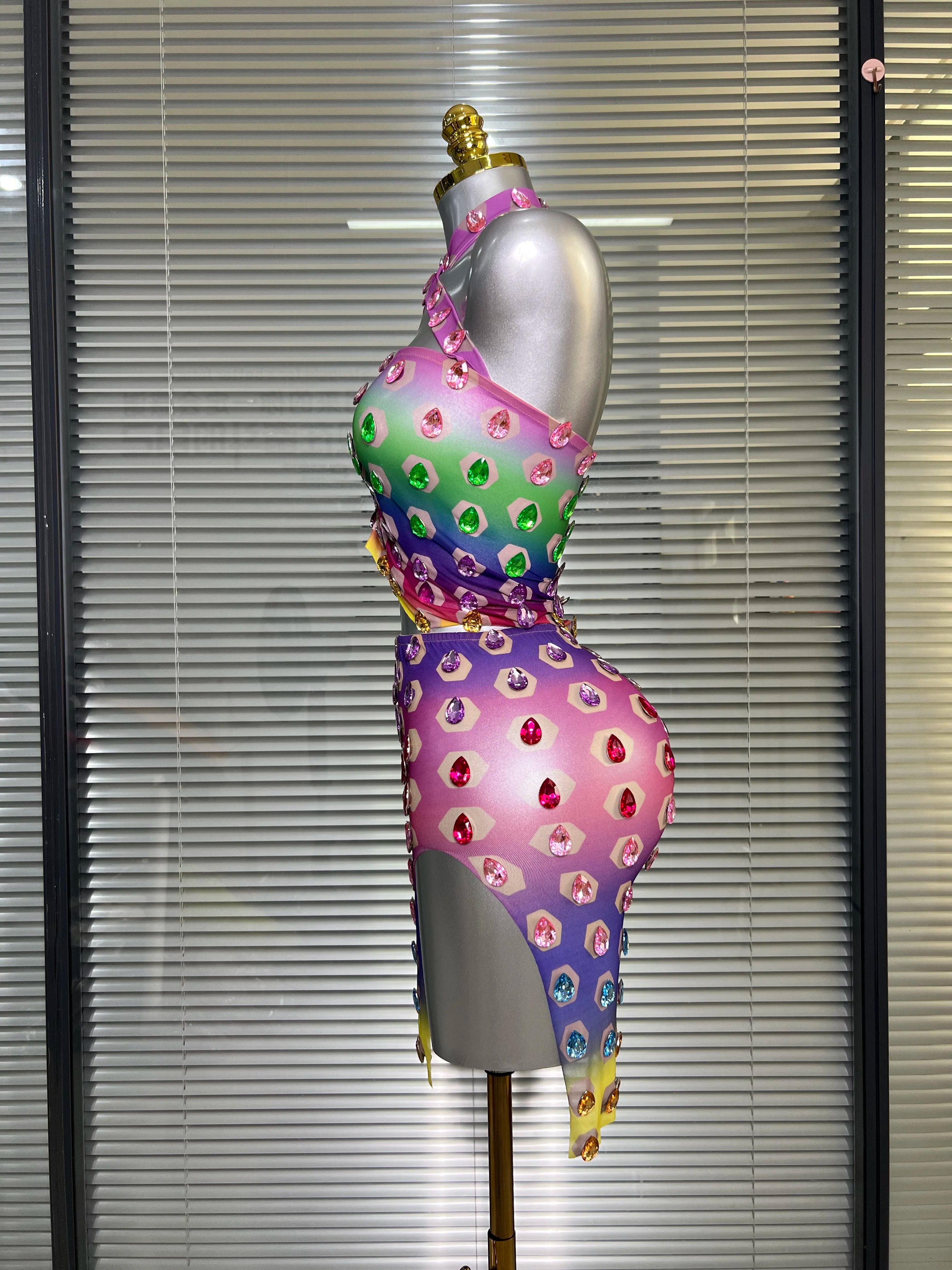 Women Sexy Two Pieces Set Women Crystal Diamond Night Club Halter Skirt Suits Singer Dancer See Through Stretchy Stage Costume