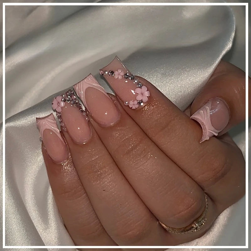 24pcs/Box Press on Nails French Square Head with Flowers False Nail Wearable Glitter Diamond Fake Nails Full Cover Nail Tips Art