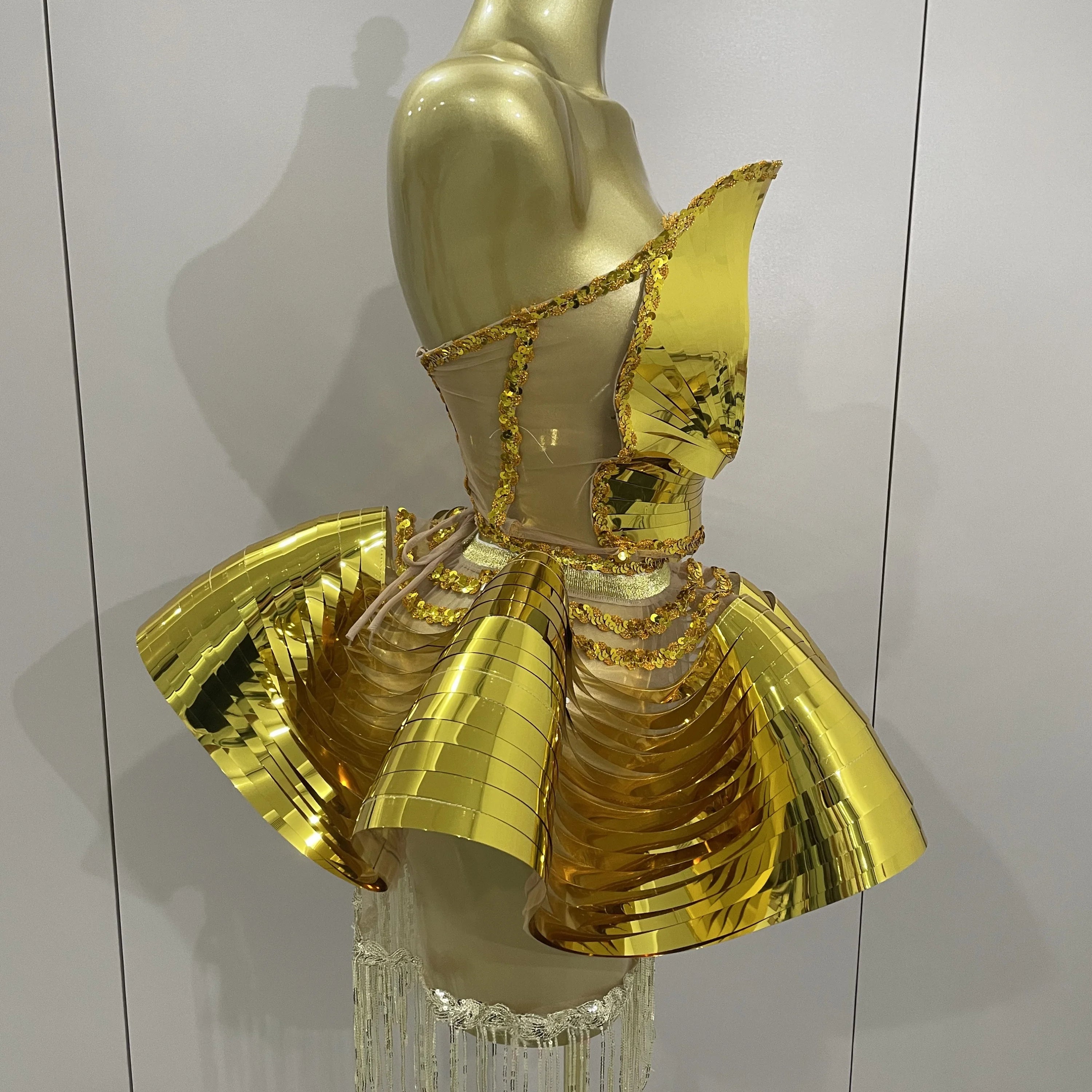 STOCK Shiny Gold Mirrors Sexy 2 Pieces Mini Dress 2025 Women Celebrate Birthday Party Performance Stage Costume Festival Wear