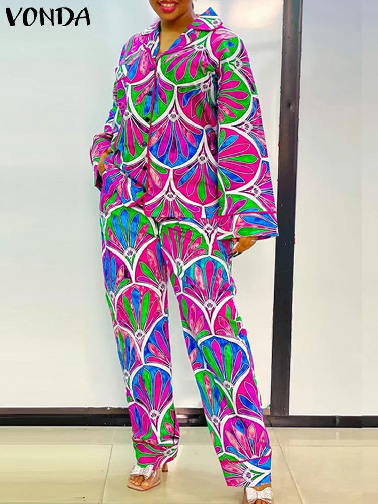 Plus Size 5XL VONDA Women Vintage Printing Long Sleeve Tops Wide Leg Pant Sets Outfits 2025 Casual Loose Bohemian 2 Piece Suits