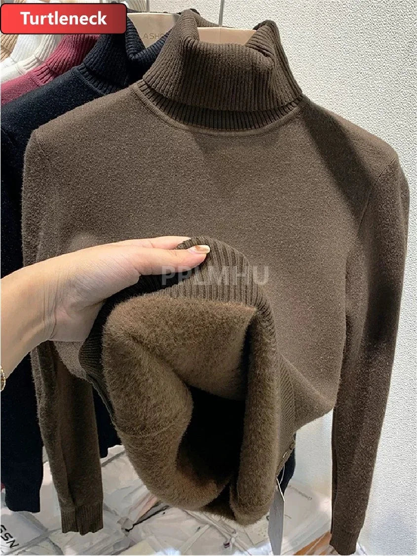 Warm Knit Pullover New Thicken Turtleneck Sweater For Winter Women Casual Slim Plush Lined Soft Long Sleeve Knitwear Jumper Tops basic coffee